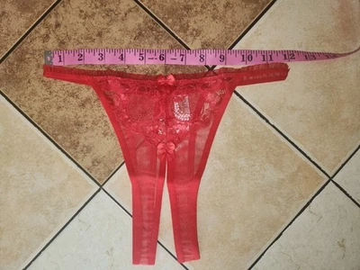 Shirley of Hollywood Red Embroidery Lace Bow Crotchless Thong O/S NIP - Image 1 of 4