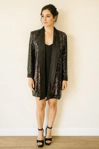 Long Black Sequin Whimsigoth Glam Rock Y2K Open Cardigan Blazer Coverup Sz 44 - Picture 1 of 14