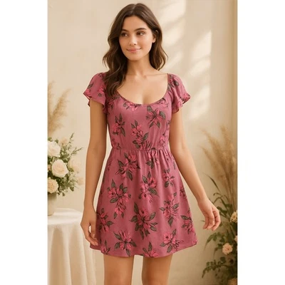 Exist 女式花卉迷你连衣裙粉色荷叶袖大圆领粘纤小号全新带标签 — 第 1/4 张图片