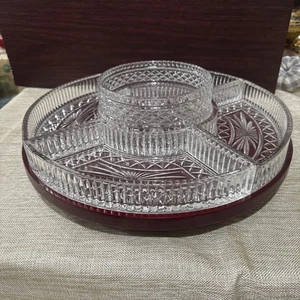 Vintage 5th Avenue Kristall Nachlass Lazy Susan Mahagoni fertiger Sockel 5 Kristallschalen - Bild 1 von 6