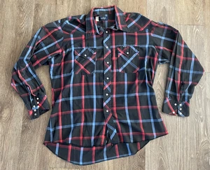 Camicia vintage Wrangler Pearl Snap uomo XL nera a quadri western cowboy manica lunga - Foto 1 di 8