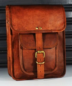 11 inch Handmade Goat Leather I-pad Brown Vintage Crossbody Shoulder Bag Men - Picture 1 of 6