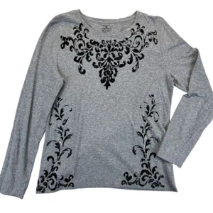 Jones New York Sport graues weiches Langarmshirt Damen XL verzierter Druck T-Shirt - Bild 1 von 7