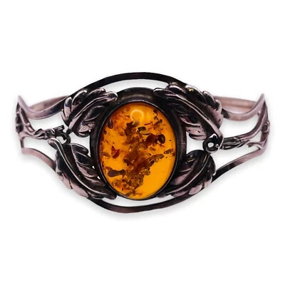 天然波罗的海琥珀叶 925 纯银袖口女式手镯手链 6 — 第 1/4 张图片