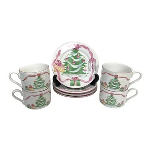 Sango Home For Christmas Tree Pink Ribbon Coffee Tea Cup & Saucer Set Vintage - Picture 1 of 7
