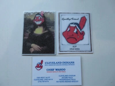 INDIOS DE CLEVELAND, JEFE WAHOO "MONA LISA" Y "ADIÓS AMIGO" IMANES Y TARJETA Foto 1 de 4
