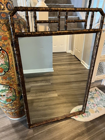 VINTAGE CHINESE CHIPPENDALE TORTOISE SHELL FAUX RATTAN WOOD MIRROR Cover