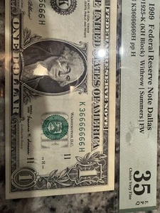 1999 $1 Near Solid Serial Number 7 In A Row 36666666 Pmg 35 - Picture 1 of 3