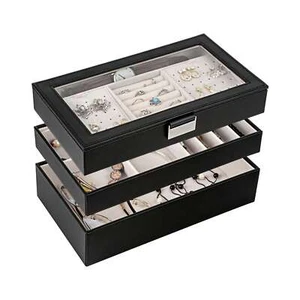 3 - Tier Stackable Jewelry Tray - Glass Lid, Removable Dividers, Gift Idea - Picture 1 of 16
