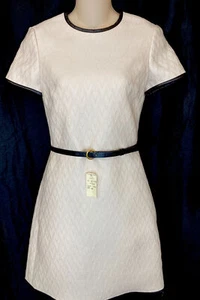 Valentino Boutique Dress Ivory V Print Texture With Black Leather Trim Size 38/2 - Picture 1 of 12