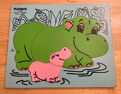 Rompecabezas de hipopótamos PLAYSKOOL de madera vintage #275-38 - 7 piezas - verde y azul Foto 1 de 4