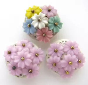 3 Vintage Buttons Floral Bouquet Wired Plastic Flowers on Metal Miriam Haskell? - Picture 1 of 6