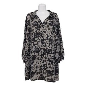 Catherines Cafe Georgette Buttonfront Blouse 3X (26/28W) Tie Sleeve Floral B & W - Picture 1 of 12
