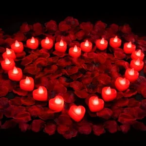 Valentine's Day 24 PCS LED Tea Lights Candles 2000 PCS Red Rose Petals Decor - Picture 1 of 7