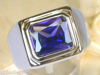 11X9 mm February Amethyst CZ Birthstone Men Solitaire Rhodium Ring Size 7-13 - Image 1 of 4