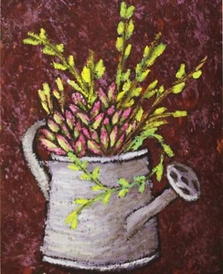 Potted succulent cactus oil painting, Vintage copper watering can wall art - Picture 1 of 8