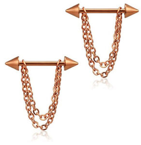 2-Spike Chain Dangle Stainless Steel Gold Tone 14G Nipple Rings Barbell Jewelry