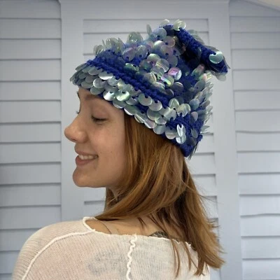 Sombrero gorra pixie de lana ganchillo lentejuelas lentejuelas vintage años 60 Foto 1 de 4