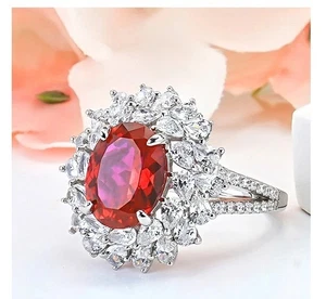 Hermoso anillo de oro blanco sólido sólido de 18 quilates con rubí natural y diamantes de corte ovalado de 6 quilates - Imagen 1 de 11