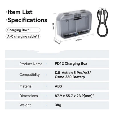 For DJI Action 5 Pro/4/3/OSMO 360 Quick Charge PD12 Charging Box Accessories - Image 1 of 4