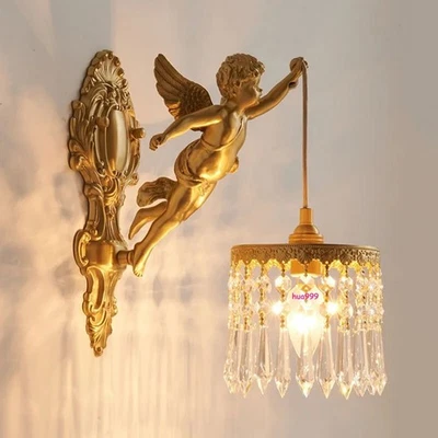 Retro Style Copper Angel Hanging Crystal Wall Lamp Entrance Bedside Lighting - Image 1 of 4