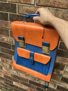Zaino vintage anni 70 in pelle fatto a mano colorato scuola libro borsa - Foto 1 di 7