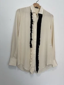 Joseph Silk Crepe De Chine Blouse S XS Tux Splits Black Ruffle Placket Wedding - Picture 1 of 9