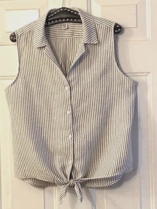 Tommy Bahama Sz M  Linen Blend Blouse Shirt Sleeveless Gray/White Striped  Tied - Picture 1 of 7