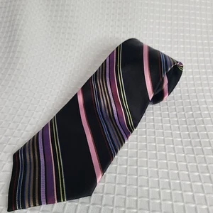 EUC Calvin Klein Mens 100% Silk Pink/Purple Stripe Black Tie 58" x 3.75" - Picture 1 of 7