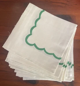 Set of 12 Vintage White Linen Napkins with Green Printed Decoration 45cm x 47cm - Picture 1 of 7