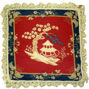 Chinoiserie Wool Needlepoint Pillow Oriental Pagoda and Plum Tree Flowers 20x20 - Picture 1 of 2