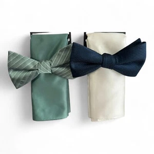 Alfani Men's Bow Tie & Pocket Square 2-Pack Set Pre-Tied Blue Green Stripe $110 - Picture 1 of 4