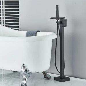 Black Floor Mounted Bathtub Faucet Tub Filler Freestanding Waterfall Mixer Tap - Picture 1 of 12