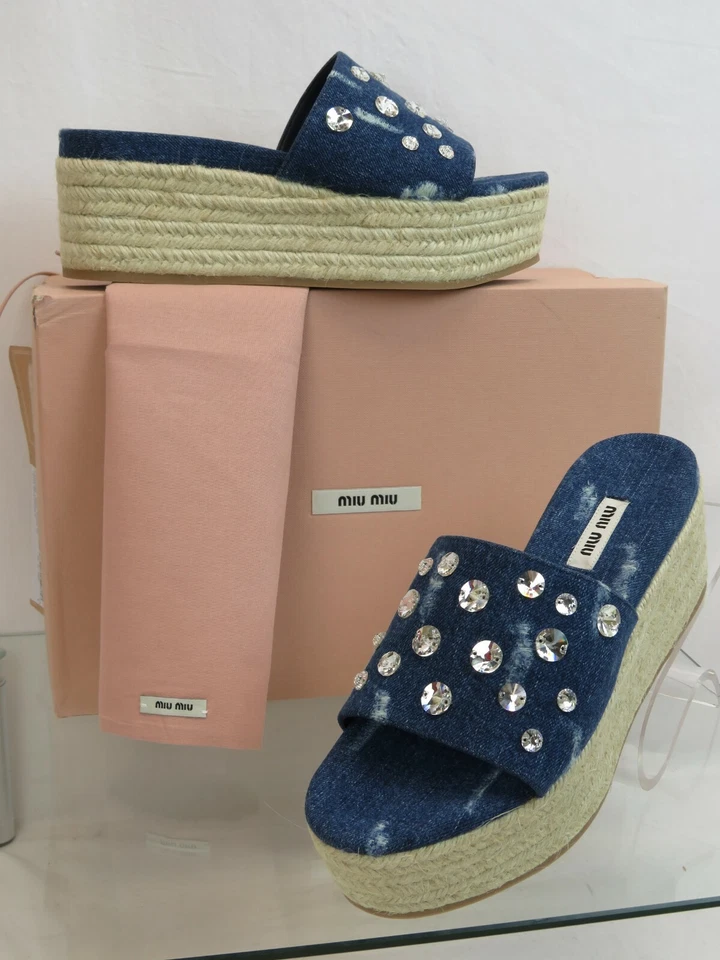 MIU MIU PRADA 5XX383 BLUE DENIM CRYSTAL JEWELED PLATFORM ESPADRILLE SANDALS 41