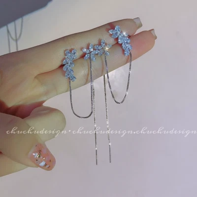 Mujeres Cristal Flor Oreja Puño Clips Elegante Cadena Larga Enhebrador Pendientes S12 Foto 1 de 4