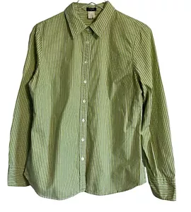 J Crew Top Womens Green White Stripe Long Sleeve Button-Up Slim Fit Size L - Picture 1 of 11