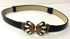 Chico's Black Leather Adjustable Belt With Enamel & Rhinestone Fish Buckles - Picture 1 of 8