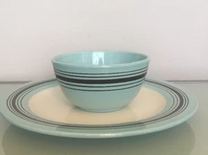 Laurie Gates Cafe Blues 1 11.75" Dinner Plate & 6”Bowl White Brown Stripe - Picture 1 of 5