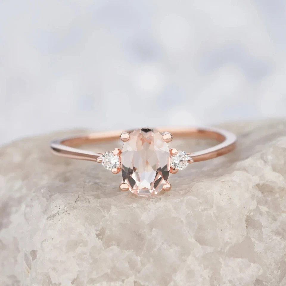 1 Ct Oval Cut Lab-Created Peach Morganite Three Stone Ring 14K Rose Gold Plated - Image 1 of 4