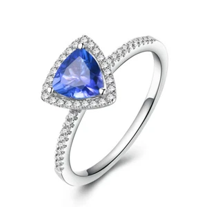 14k White Gold 6x6mm Trillion Cut Tanzanite Diamonds Gemstone Engagement Ring - Picture 1 of 9