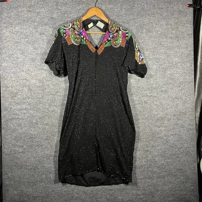 Vestido de cóctel Stenay vintage años 80 100 % seda verde azulado negro lentejuelas cuentas talla 14 Foto 1 de 4