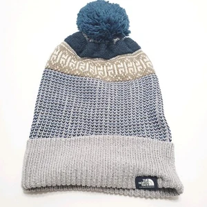 Berretto invernale da donna in maglia The North Face blu, marrone e grigio berretto con pom - Foto 1 di 3