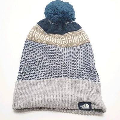 The North Face Women's Knit Winter Cap Blue, Tan & Gray Beanie with Pom  - Image 1 of 3