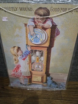 Kids & Grandfather Clock Machine Cotton Johnson VT Victorian Repro Tin Sign - Image 1 of 3