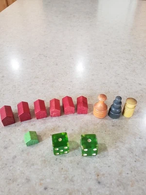 Vintage 1930's Monopoly Game Wooden Pawns, Houses, Hotels, Dice Parts Pieces  - Image 1 of 2