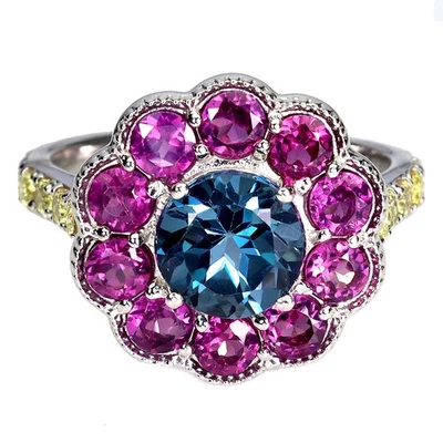 925 Sterling Silver Ring Round Topaz Rhodolite Sapphire Gemstone Jewelry Size 7 - Image 1 of 4