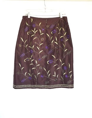 NY&CO Chocolate Brown Pure silk Embroidered Women's Below Knee Skirt Size 10  - Image 1 of 4