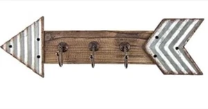 Rustic Galvanized Metal & Wood Arrow Triple Hook Wall Decor Home Decoration - Picture 1 of 1