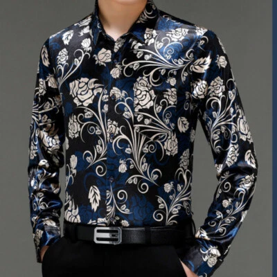 Men Velvet Floral Blouse Shirt Tops Retro Disco Casual Long Sleeve Printed Basic - Image 1 of 4