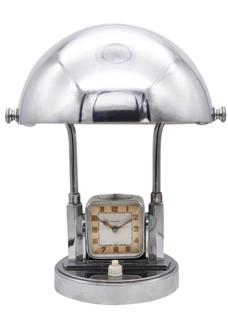 Bayard France 1930 Art Deco Desk Table Lamp And Alarm Clock In Stainless Steel Cover